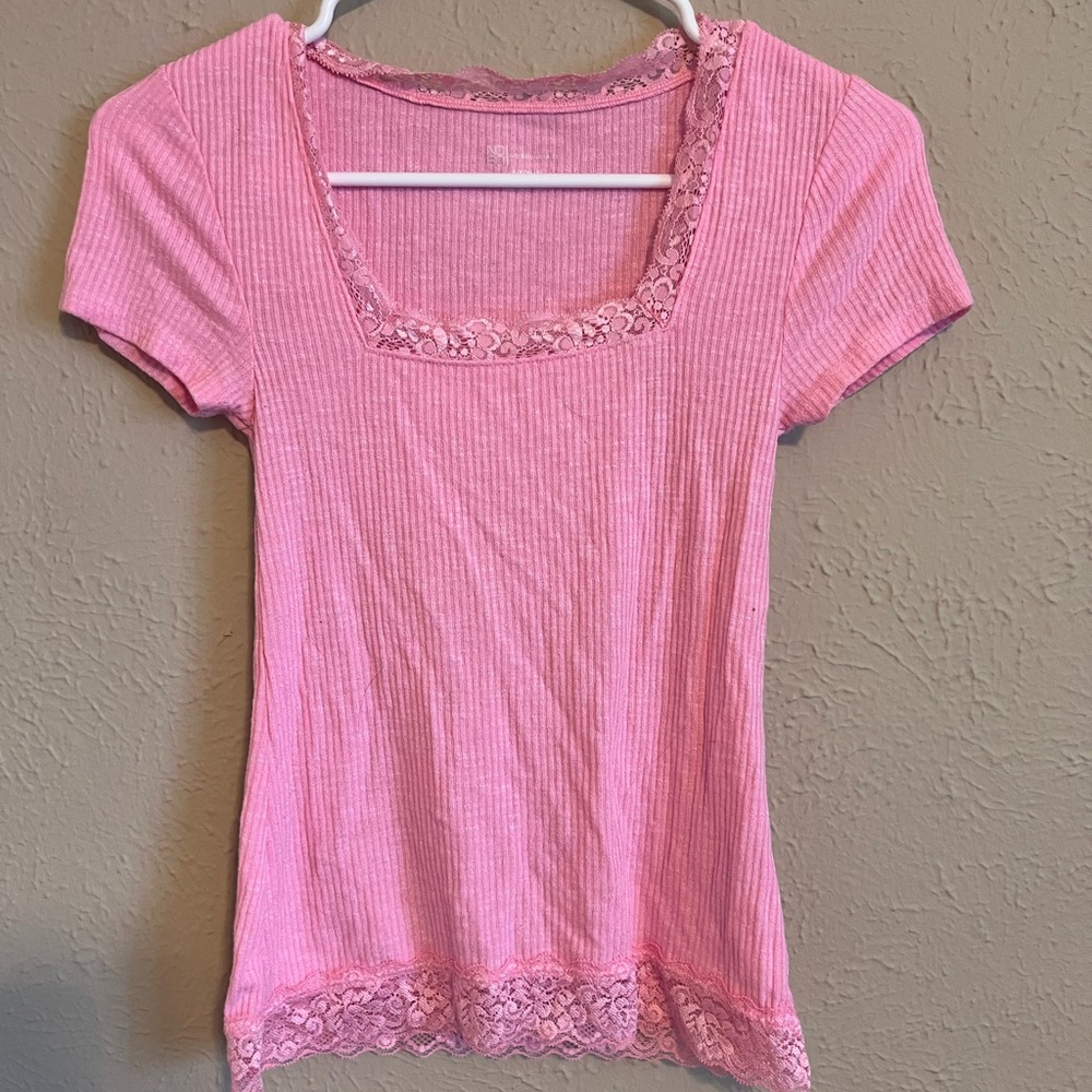 Pink Lace Trim Ribbed Women's Top 💖🌸